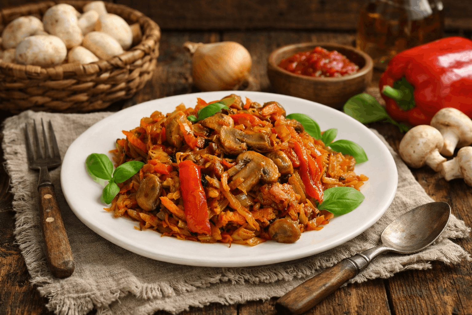 Тушёная капуста с шампиньонами и сладким перцем в воке