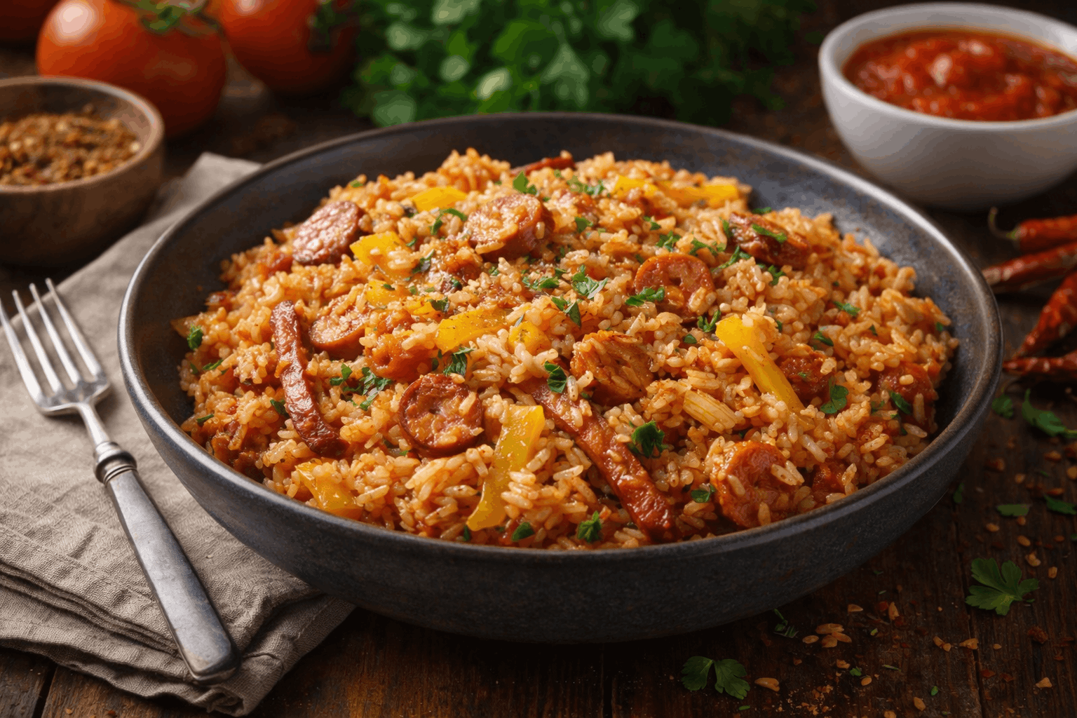 Домашний рис с сосисками и овощами с лечо