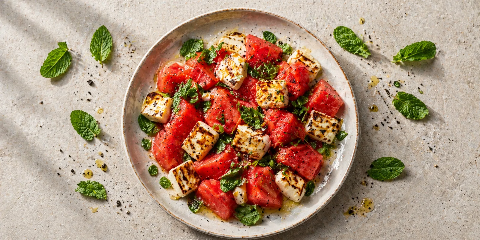 Салат с арбузом, халлуми и мятой